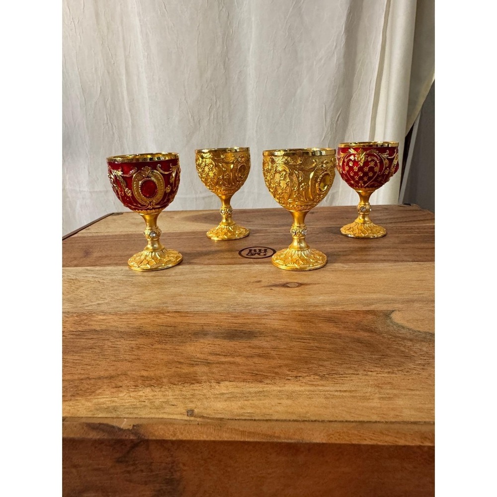 Vintage Ornate Mini Chalice Set 4 Small Gold Red Baroque Filigree Rhinestone 3in